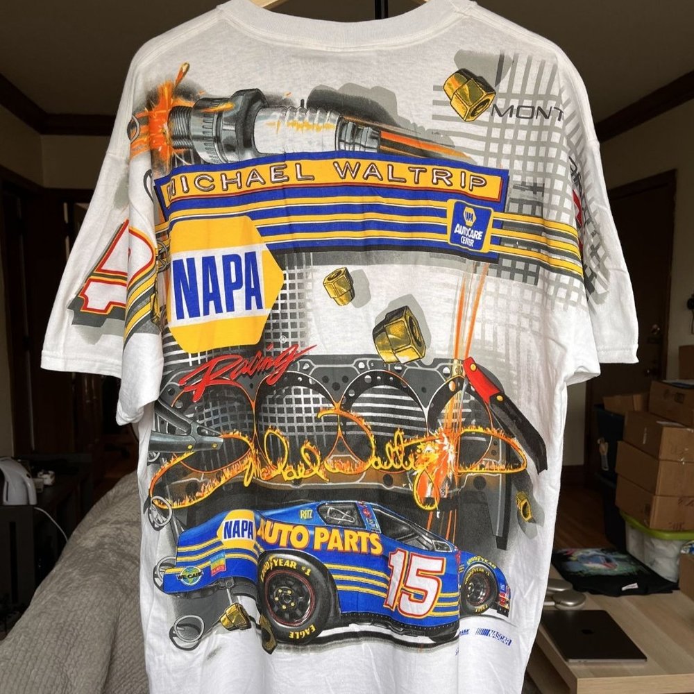 VINTAGE 90S NASCAR NAPA AUTO PARTS ALL OVER PRINT MICHAEL WALTRIP T SHIRT SIZE M
